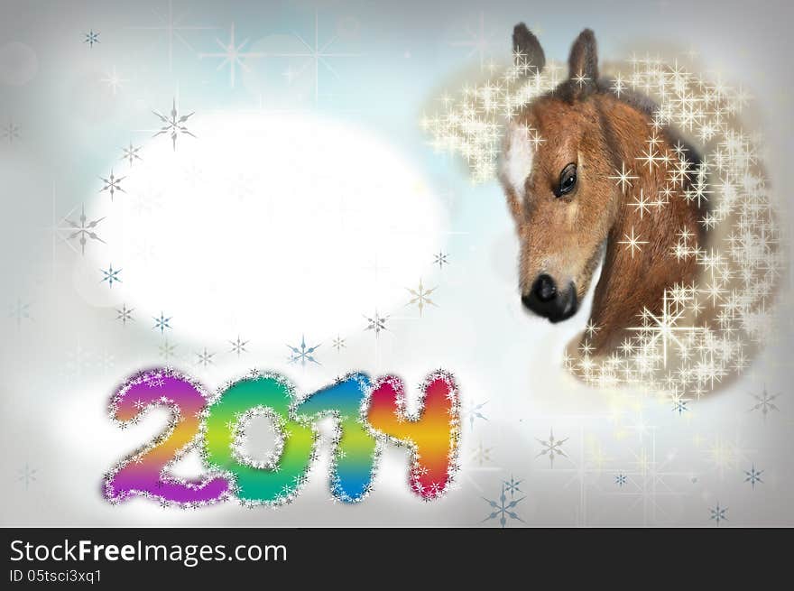 Horse on christmas card. Symbol of 2014 New Year.