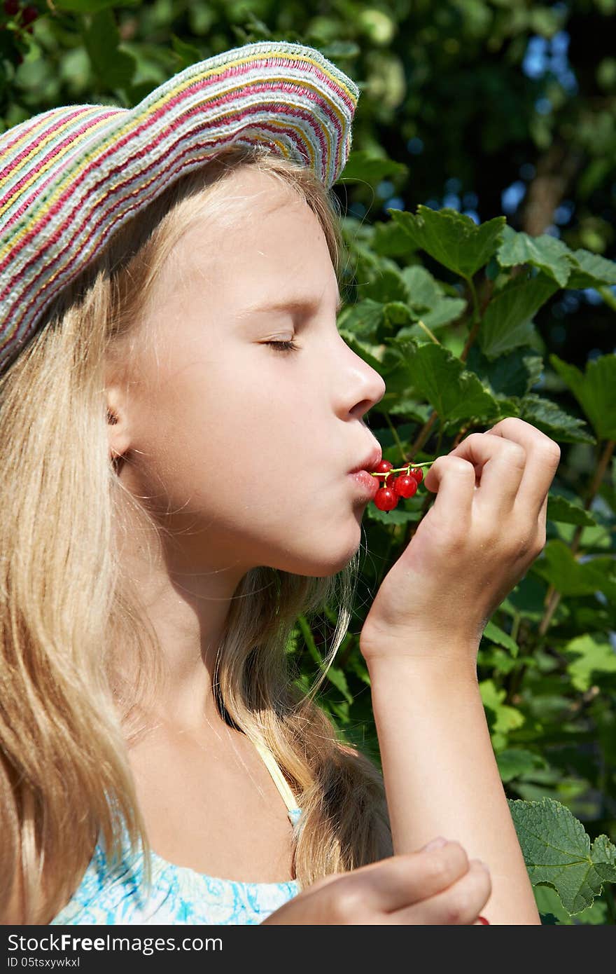 Little girl eats red currant in the garden