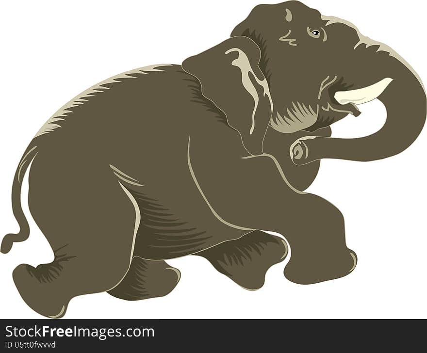 The illustration shows a elephant, which runs. Isolated on a white background, done in cartoon style.