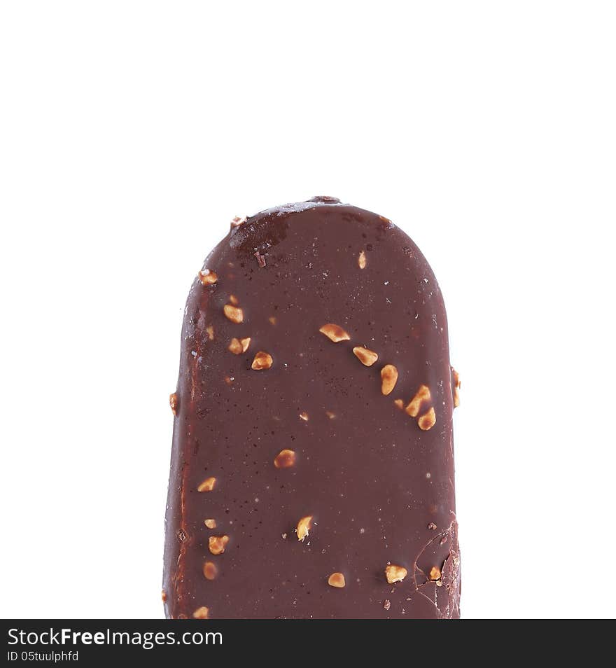 Top chocolate-coated blocks of ice cream on stick. White background.