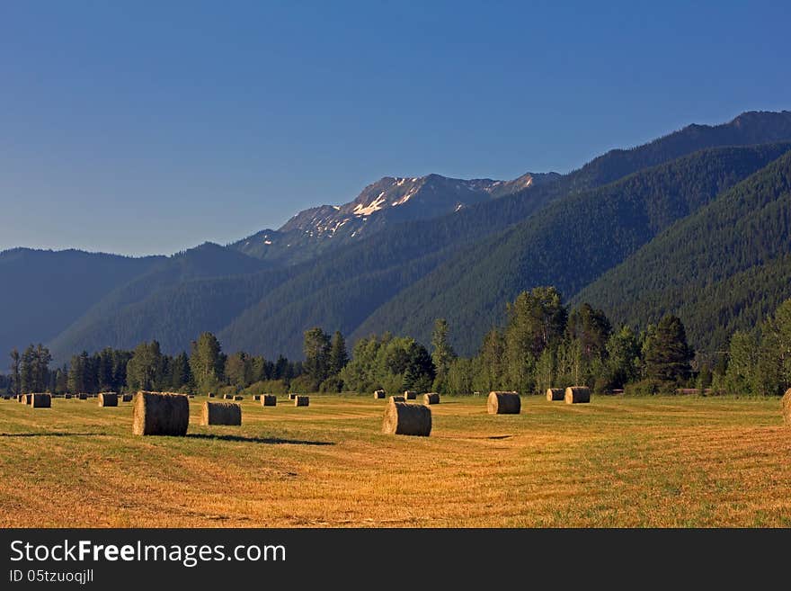 This image of the hay bales and the rugged mountains in the background was taken in the early morning light in the Nyack area of NW Montana. This image of the hay bales and the rugged mountains in the background was taken in the early morning light in the Nyack area of NW Montana.