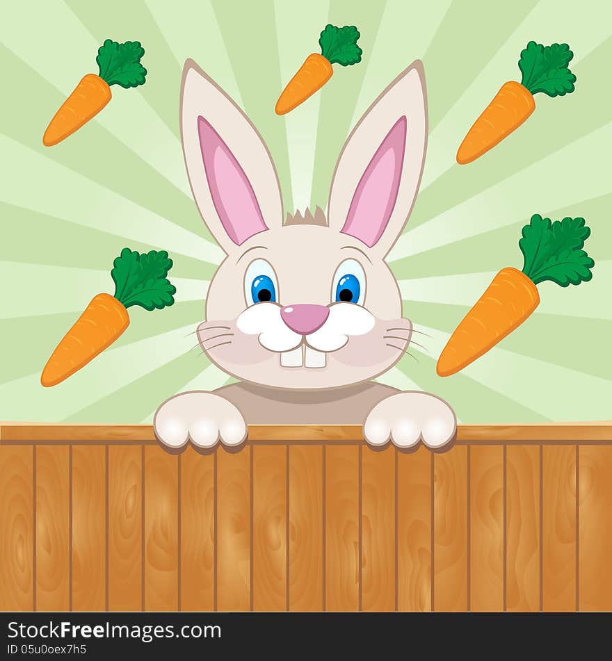 Cute baby rabbit surrounded with carrots