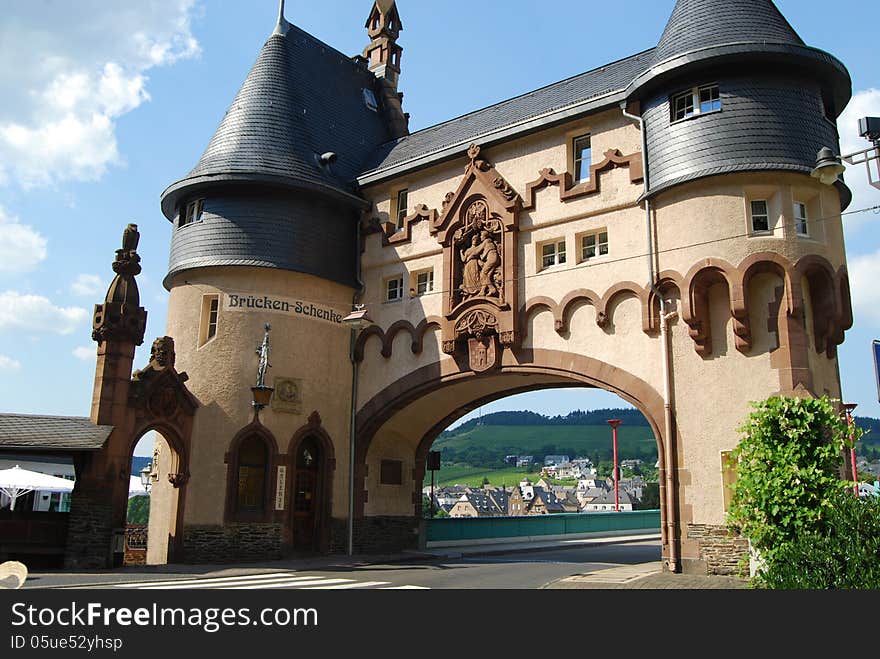 Tower onto bridge at Traben-Trarbach on Mosel river, Germany. Tower onto bridge at Traben-Trarbach on Mosel river, Germany