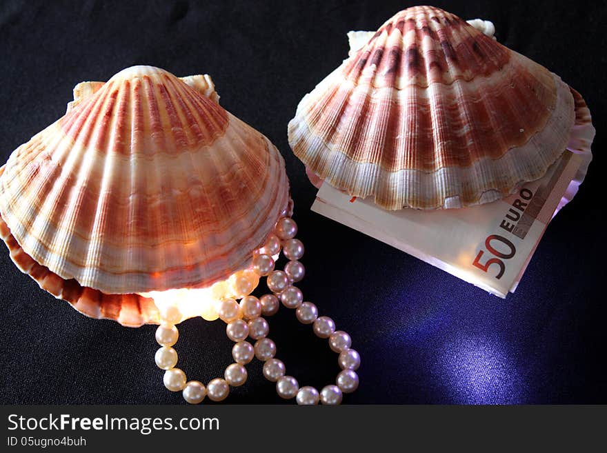 Two seashells with pearls and money on black background and spot light.