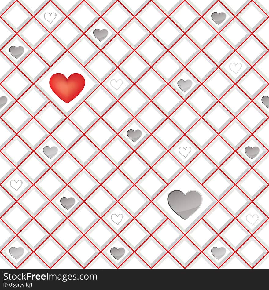 White tiles texture with  hearts, seamless square background