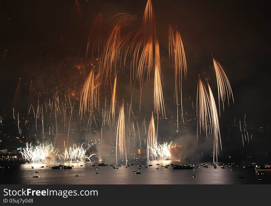 Fireworks show on the shore of the Lake of Lugano (Italian Switzerland)