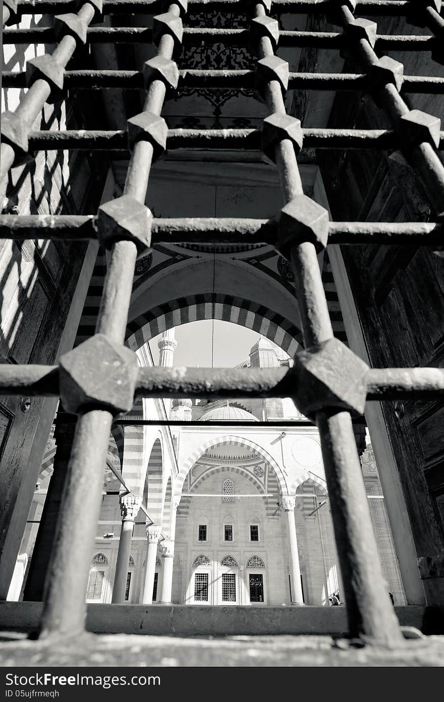 Turkish Mosque view from outside the window fence