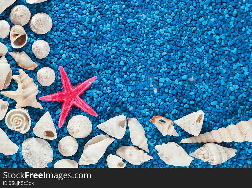 Star-fish and seashells on sand, seashells on blue sand, centered, symmetric