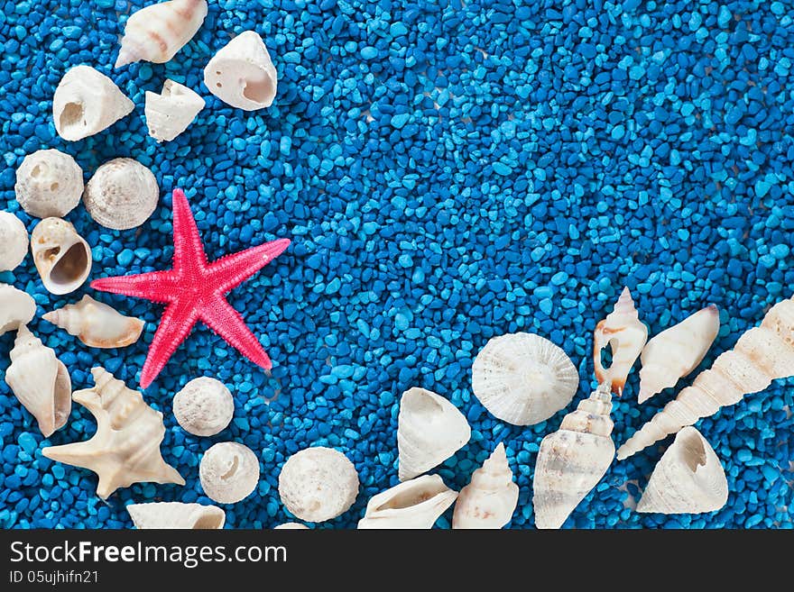 Star-fish and seashells on sand, seashells on blue sand, centered, symmetric