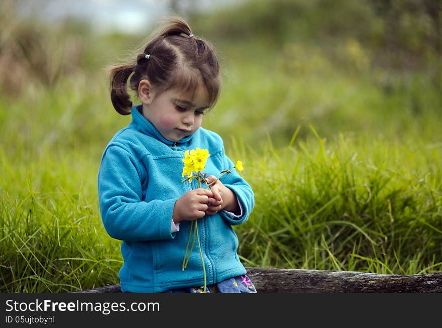 Happy little girl look at yellow flowers outdoor. (copy space). Happy little girl look at yellow flowers outdoor. (copy space)