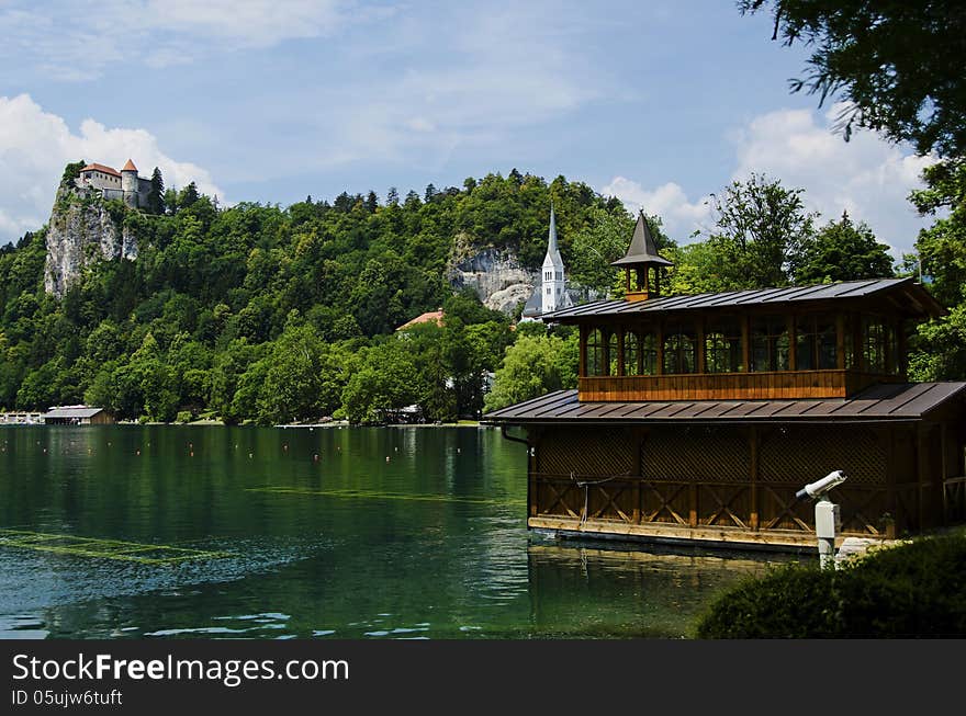 Very Beautiful Boathouse on bled lake with Bled Castle in the background