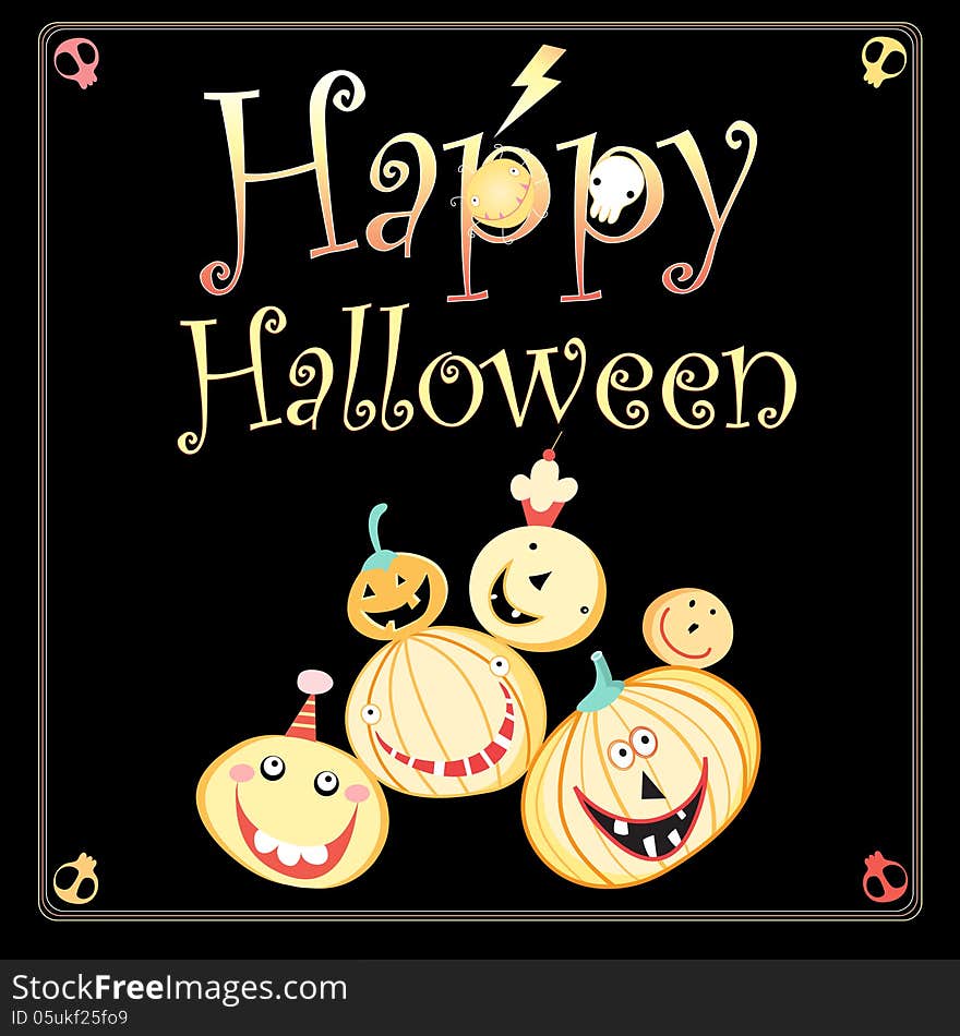 Greeting card for Halloween on a black background with pumpkins and skulls