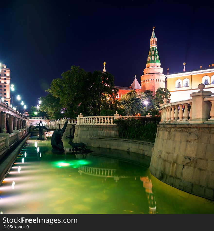 Manezhnaya Square at night in Moscow