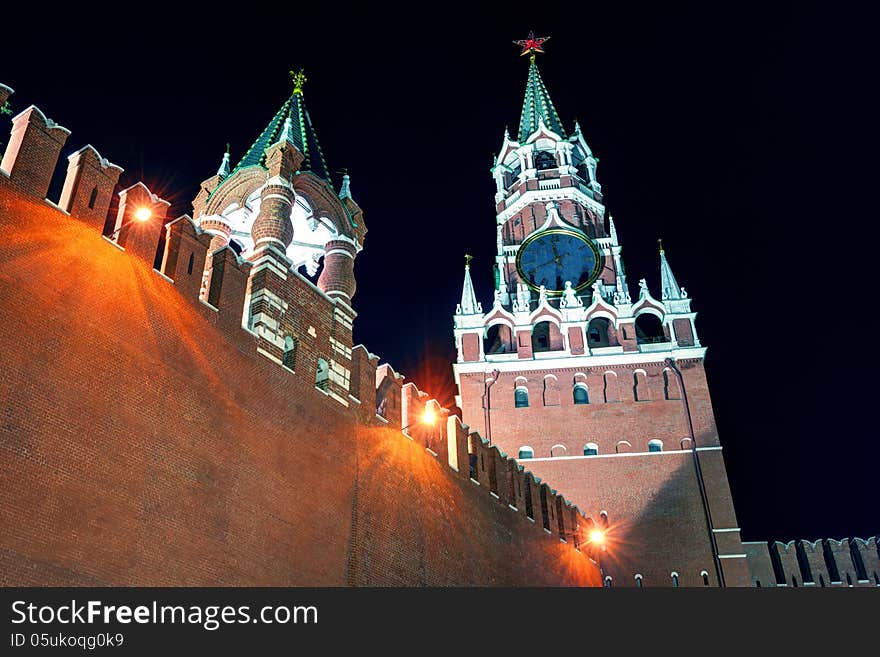 The Spasskaya Tower of Moscow Kremlin at night