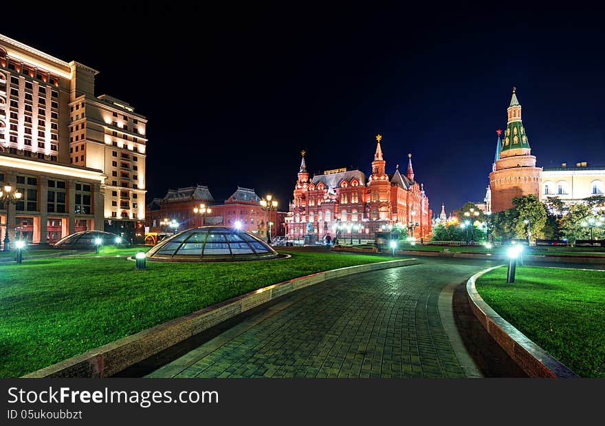 Manezhnaya Square at night in Moscow, Russia