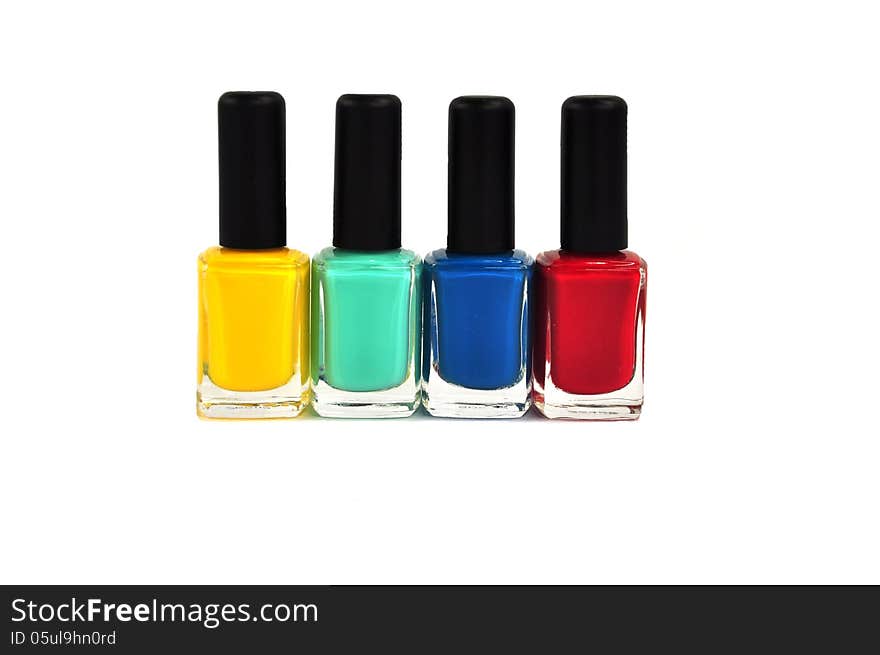 Four bright colors of nail polish. Four bright colors of nail polish