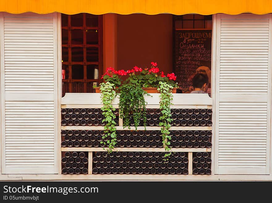 Terrace of beautiful summer cafe of hotel, summer platform for a breakfast in the ancient downtown.