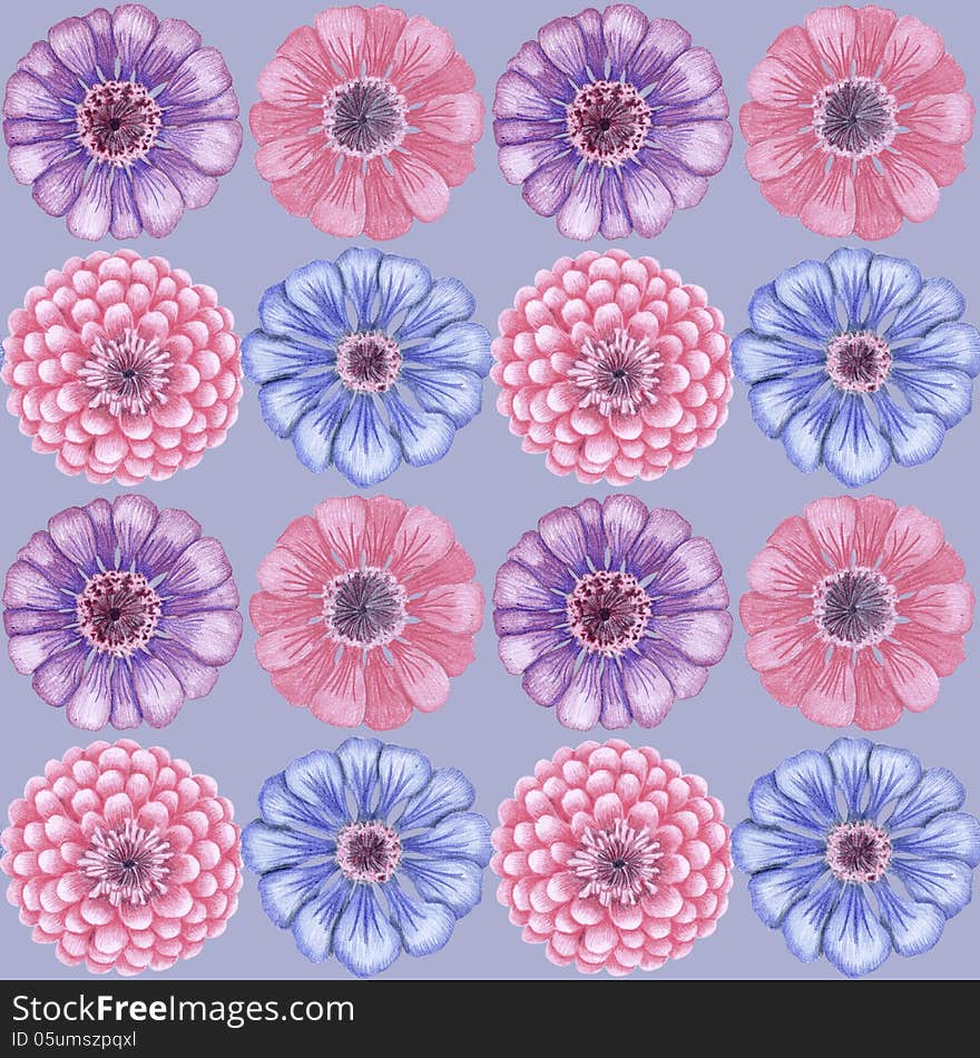 Vintage seamless pattern with zinnia flowers. Vintage seamless pattern with zinnia flowers