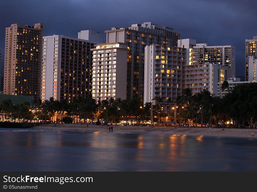 Night scene of Waikiki beach, Honolulu