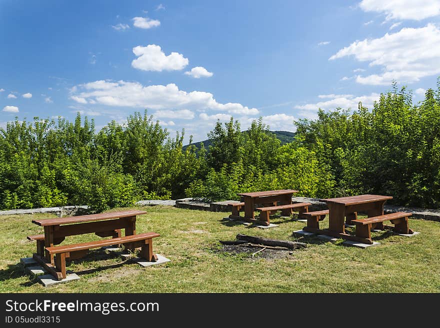 Benches And A Fireplace