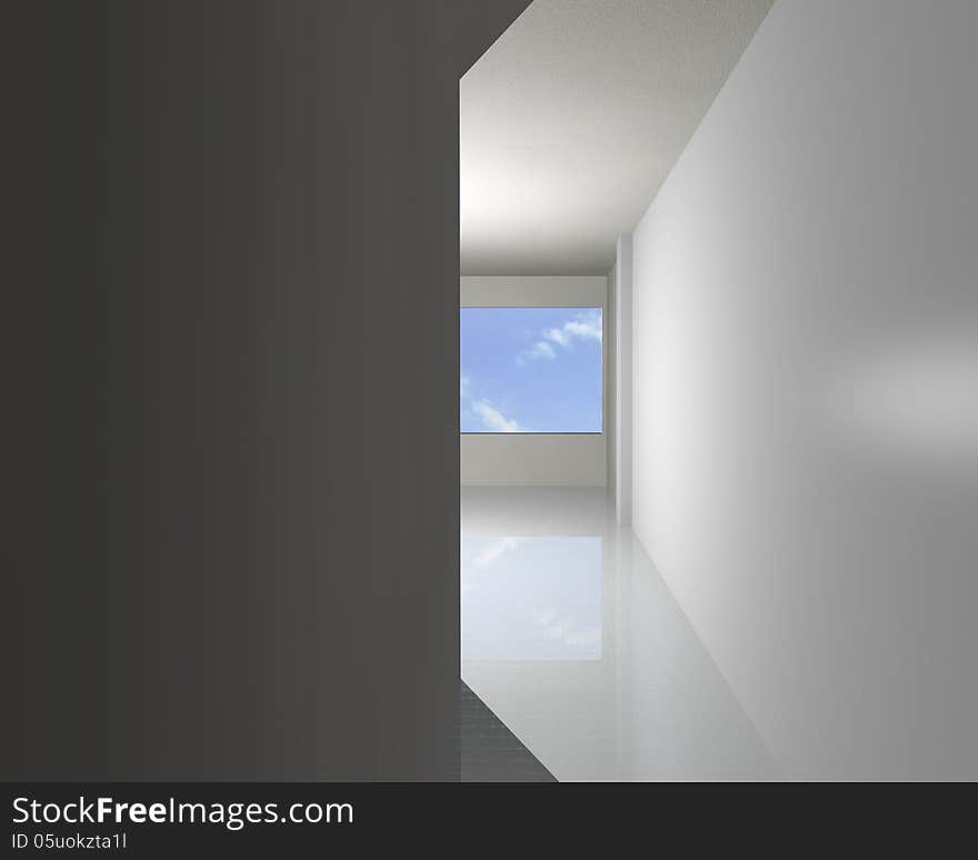 Corridor of white empty interior, 3D rendering