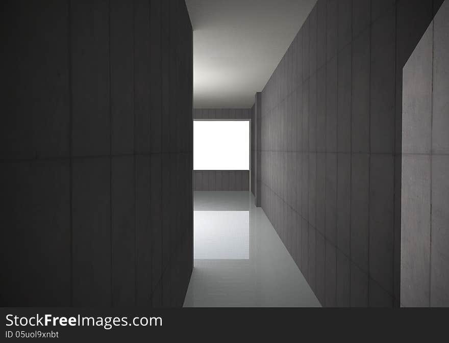 Empty Bare Concrete Corridor, 3D rendering