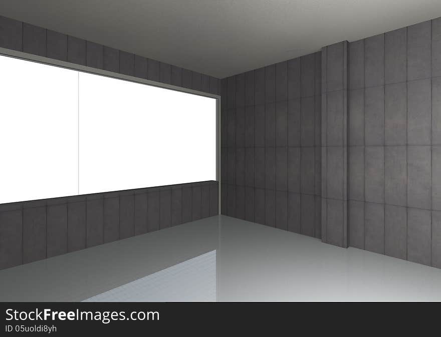 Perspective of empty room, bare concrete wall and reflecting floor