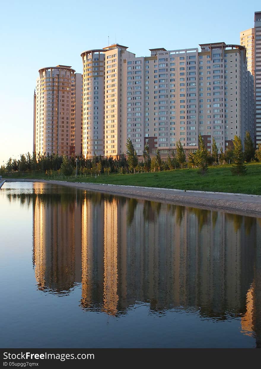 A modern building at sunset time