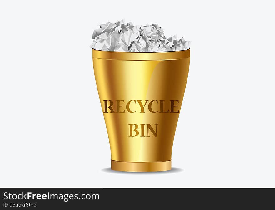 Gold recycle bin with sign isolated on white background. Gold recycle bin with sign isolated on white background