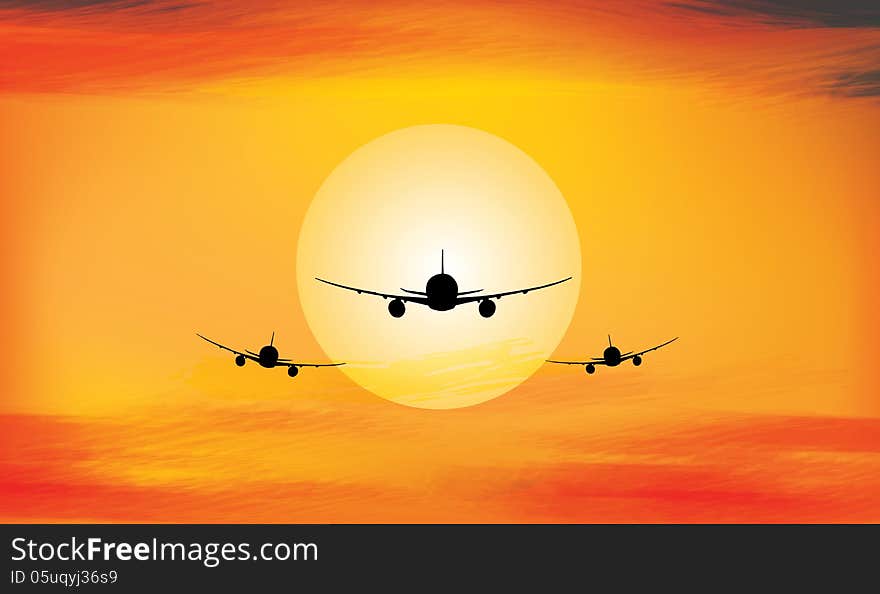 Bright sunset in the sky with airplane. Bright sunset in the sky with airplane