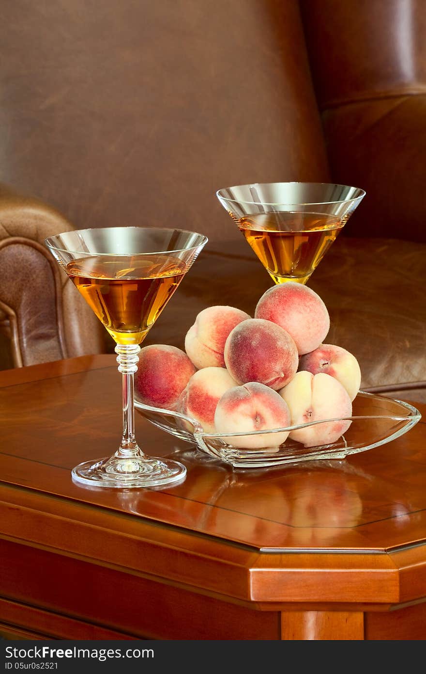 Coffee table peaches and wine