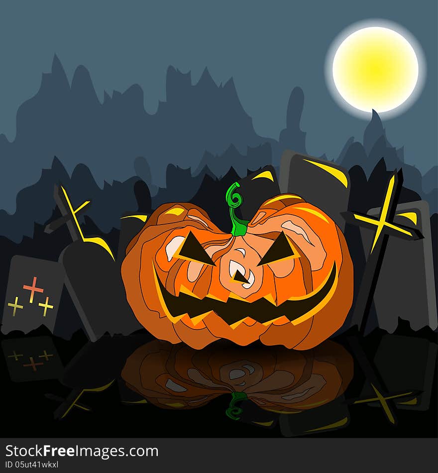 Dark grungy halloween background with orange scary pumpkin