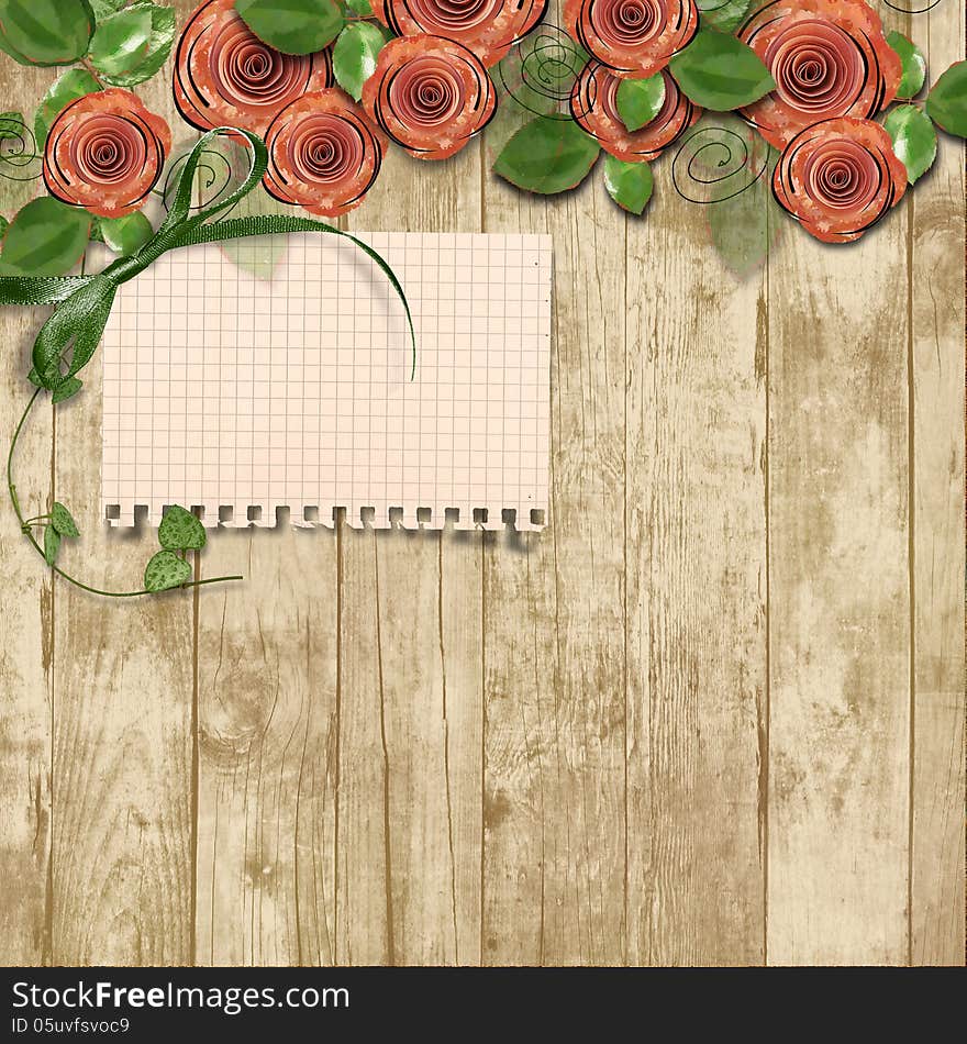 Old wooden background with paper roses and a place for text