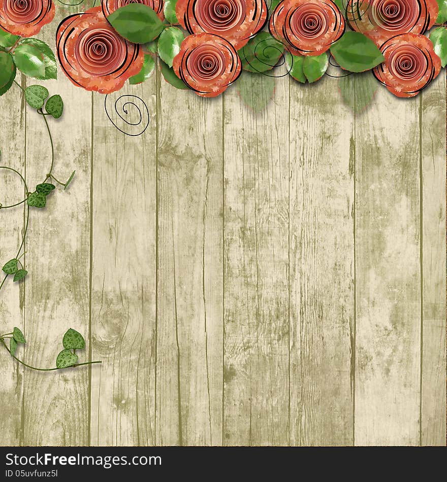 Vintage wooden background with paper roses and a place for text and photo. Vintage wooden background with paper roses and a place for text and photo