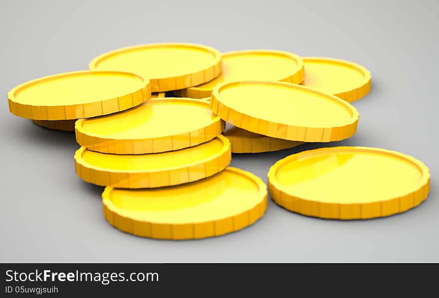 Golden coins on grey background. 3d illustration