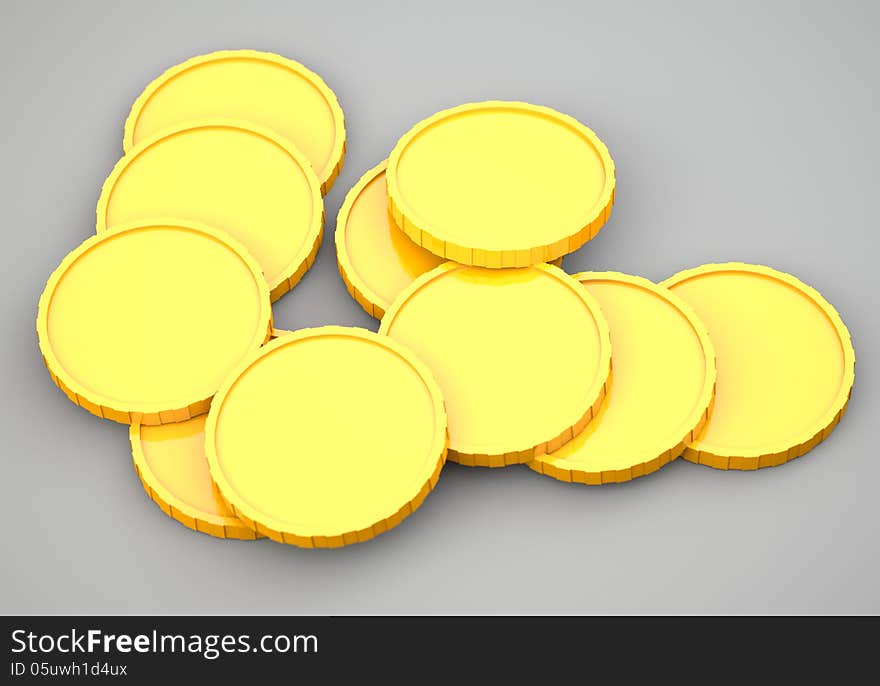 Golden coins on grey background. 3d illustration