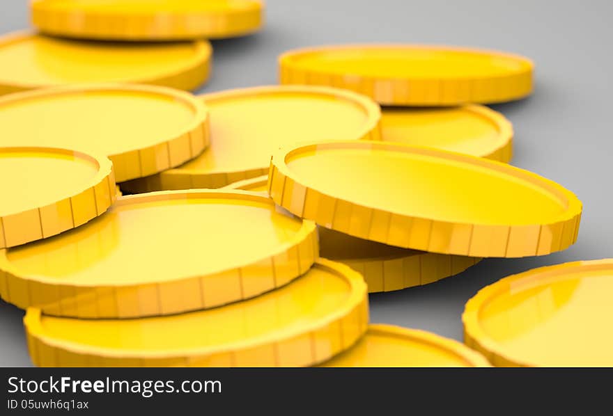 Golden coins on grey background. 3d illustration