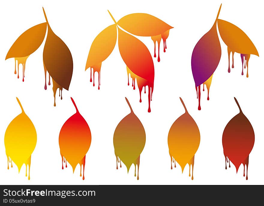 Colorful autumn leaves with paint drops, vector design elements. Colorful autumn leaves with paint drops, vector design elements