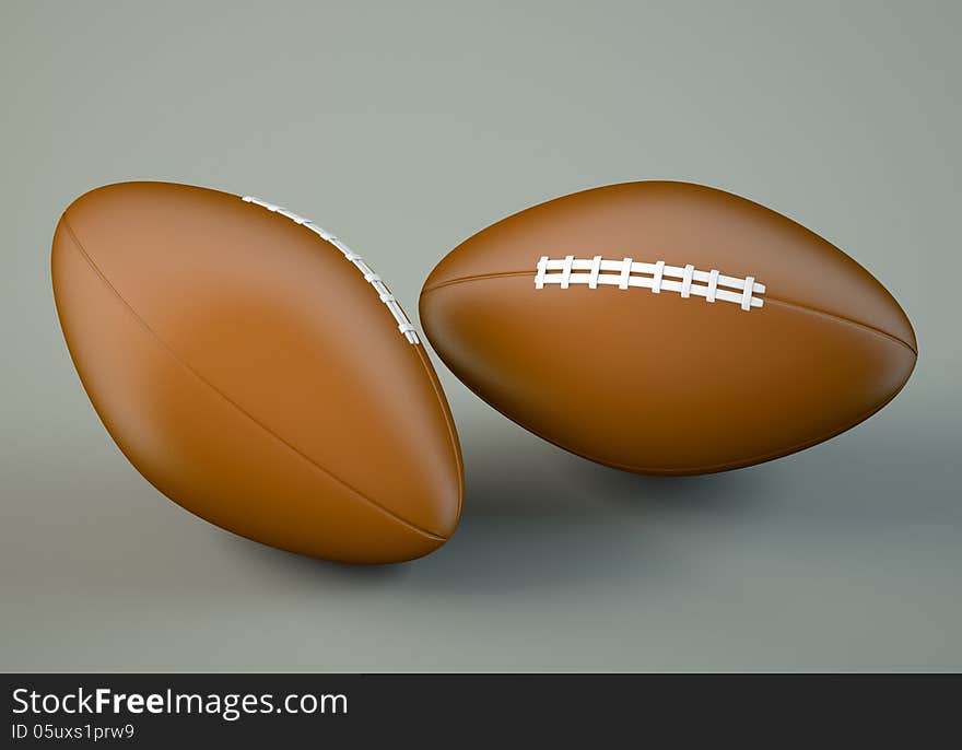 Two american football balls on grey bacgrkound. 3d illustration