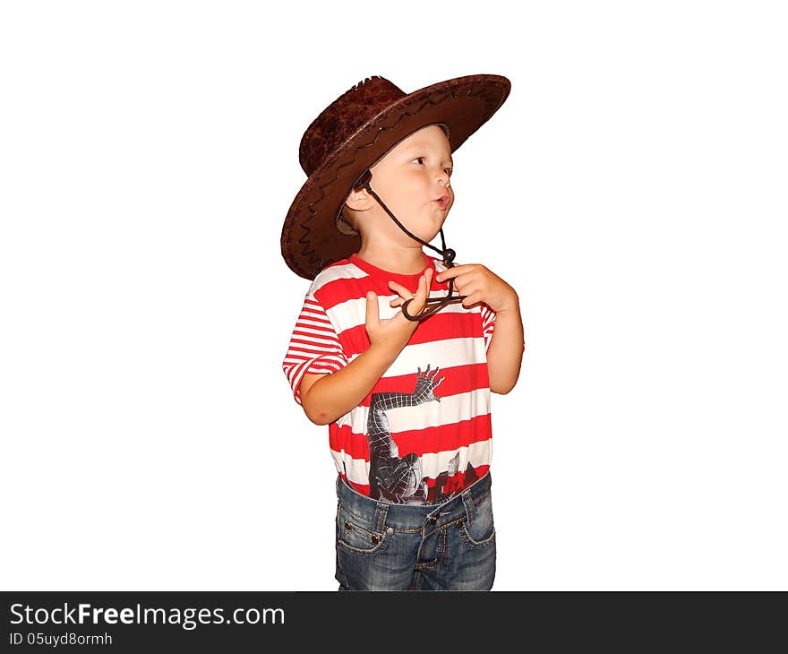 Kid in a cowboy hat singing, white background. Kid in a cowboy hat singing, white background