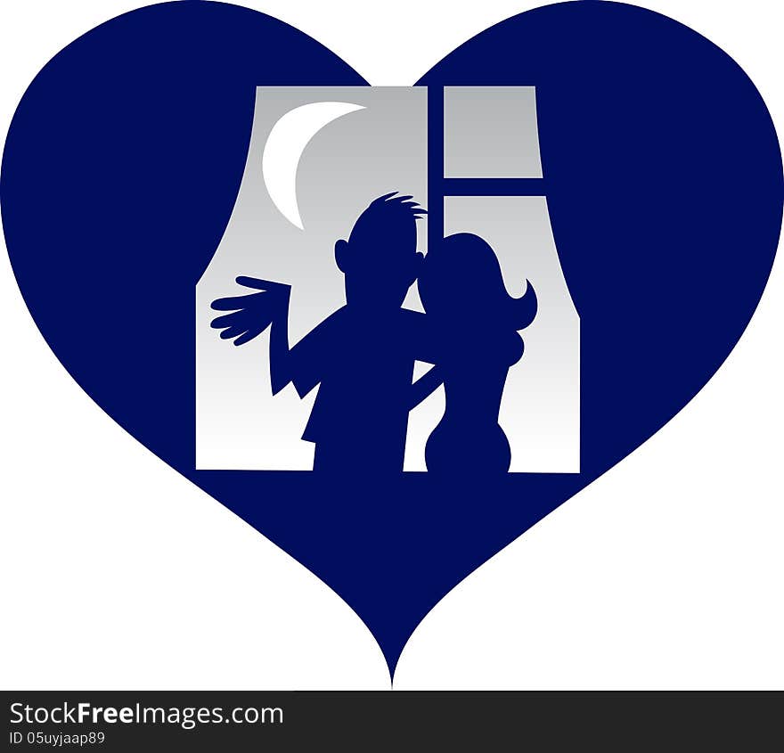 The illustration shows a couple in love. They stand near the window and look at the moon in the sky. Illustration made as a silhouette in a cartoon style. The illustration shows a couple in love. They stand near the window and look at the moon in the sky. Illustration made as a silhouette in a cartoon style.