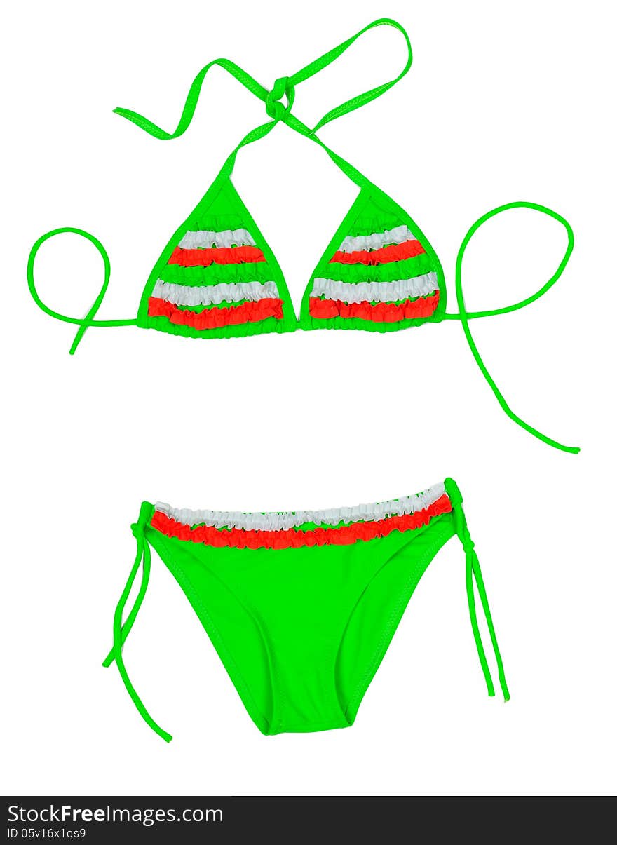 Green with red insert fashionable swimsuit. Isolate on white.