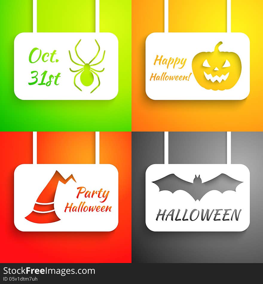 Pumpkin, bat, hat and spider paper applique background set. Vector illustration for your Halloween design. Holiday greeting card. Party poster. Green, orange, red and black color.