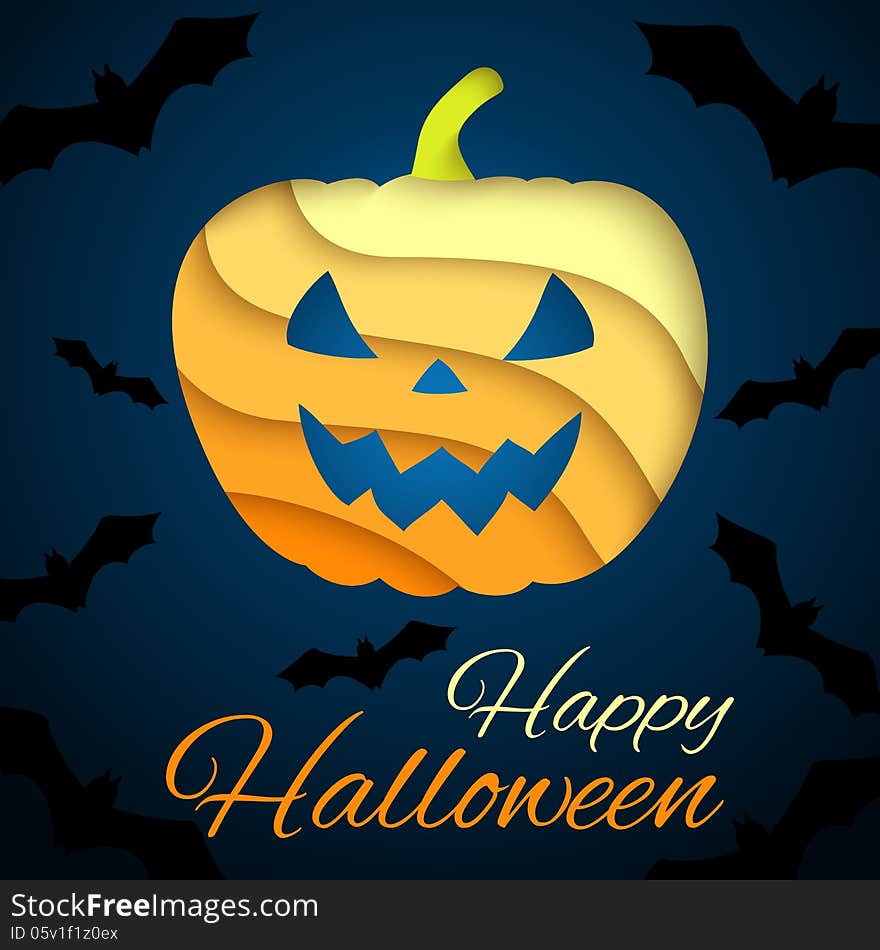 Happy Halloween card. Paper pumpkin on dark background with bats. Vector illustration for your holiday design. Applique background. Yellow, orange, black and dark blue color.