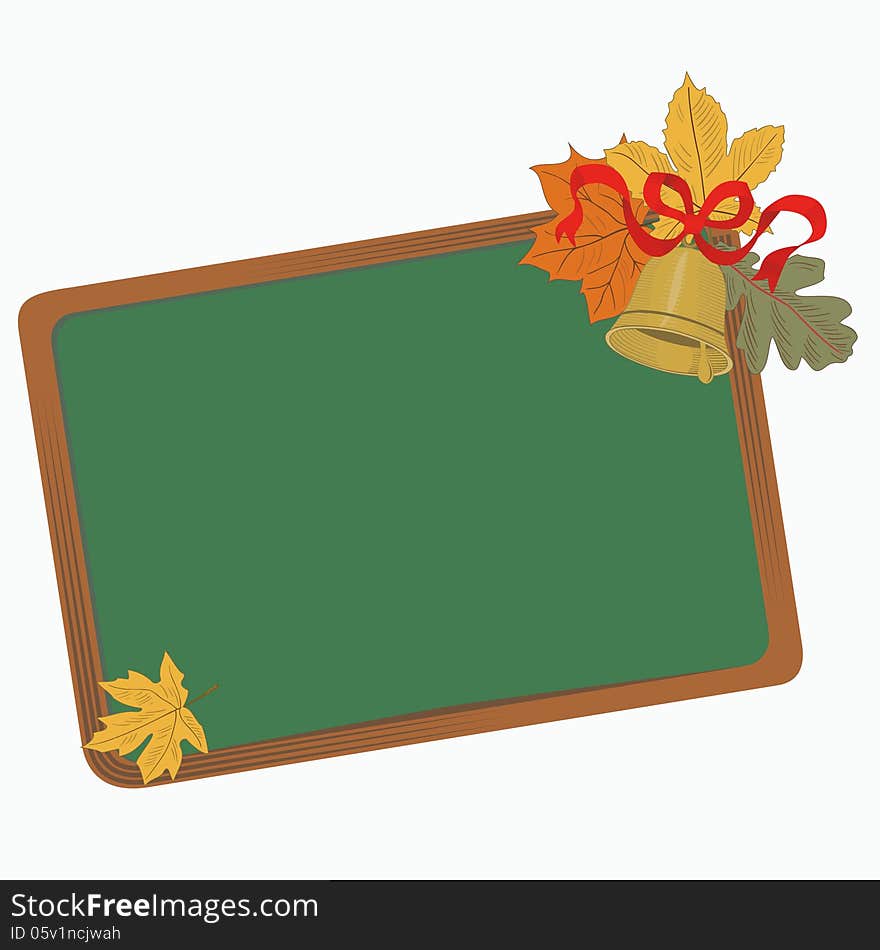 School board with autumn leaves and bell with ribbon. School board with autumn leaves and bell with ribbon