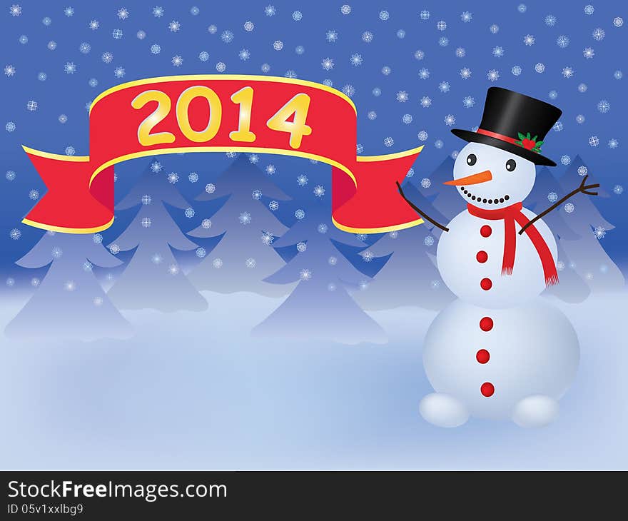 New Year 2014 background with snowman holding banner