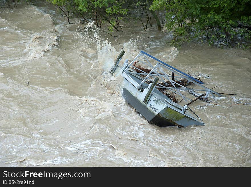 Flooded ship pier at high water in the river Neckar. Flooded ship pier at high water in the river Neckar