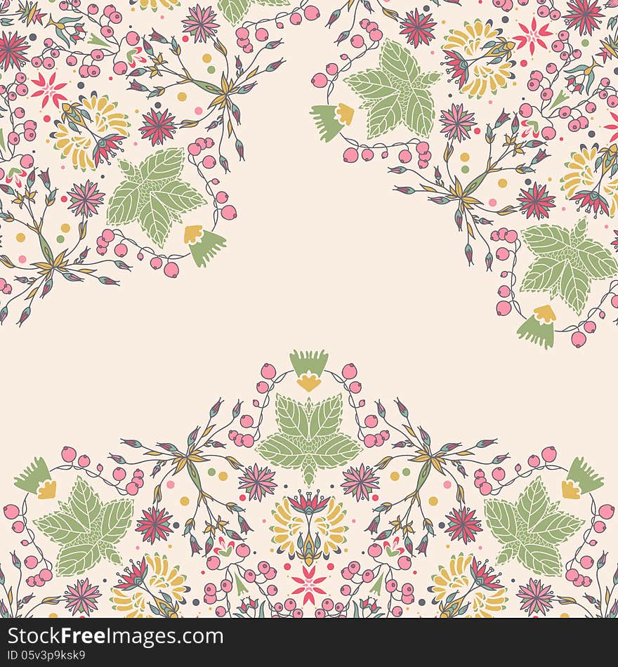 Ornamental floral card. Bright background with many flower, leaves and berries details.