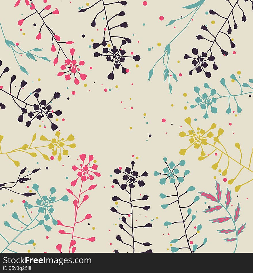 Floral card. Nature background with many flower and leaves details.