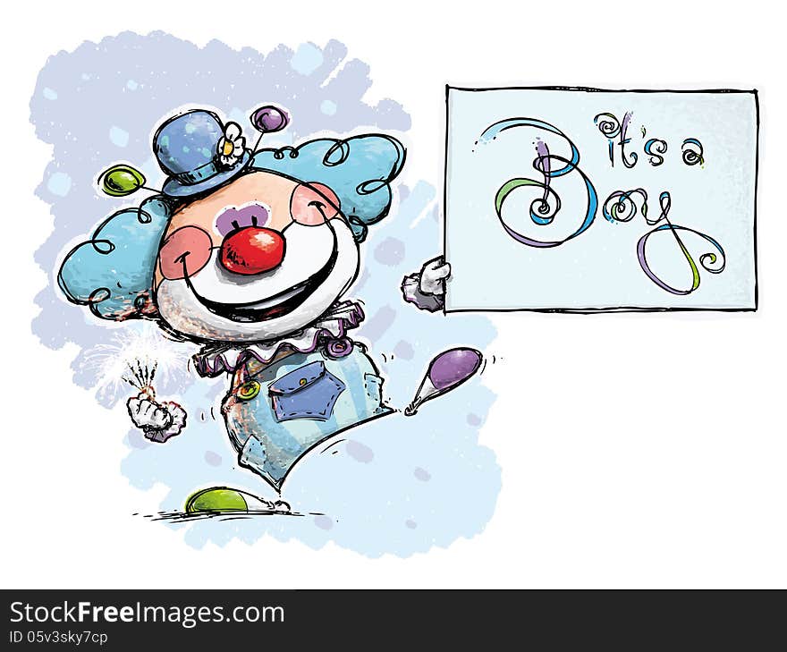 Cartoon artistic illustration of a Clown Holding an Its a Boy Card